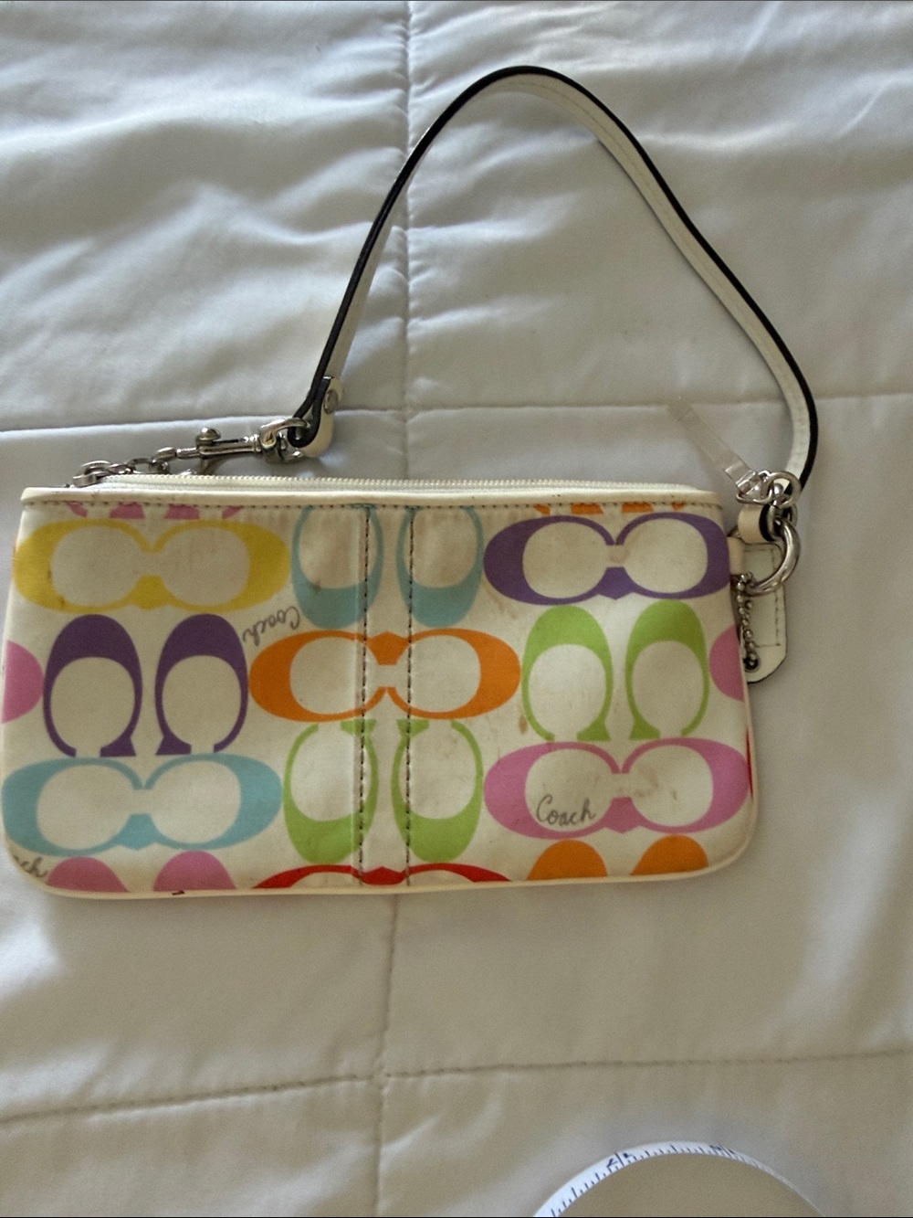 Coach Multicolor Signature Clutch Wristlet in White with Rainbow Accents
